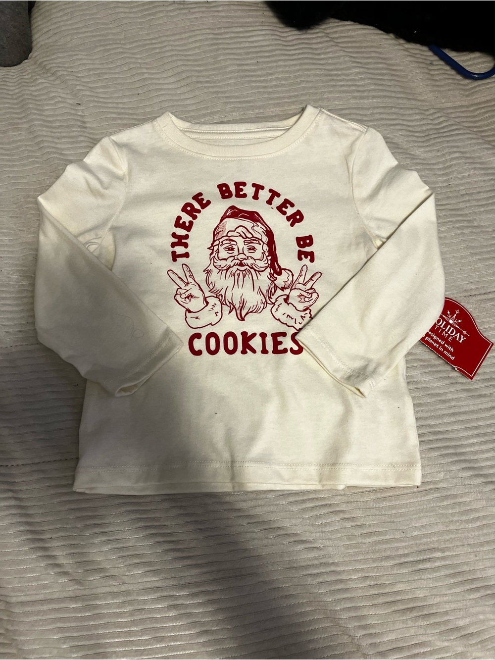 Holiday Time Cream Long Sleeve Tee with Red Santa Cookie Graphic